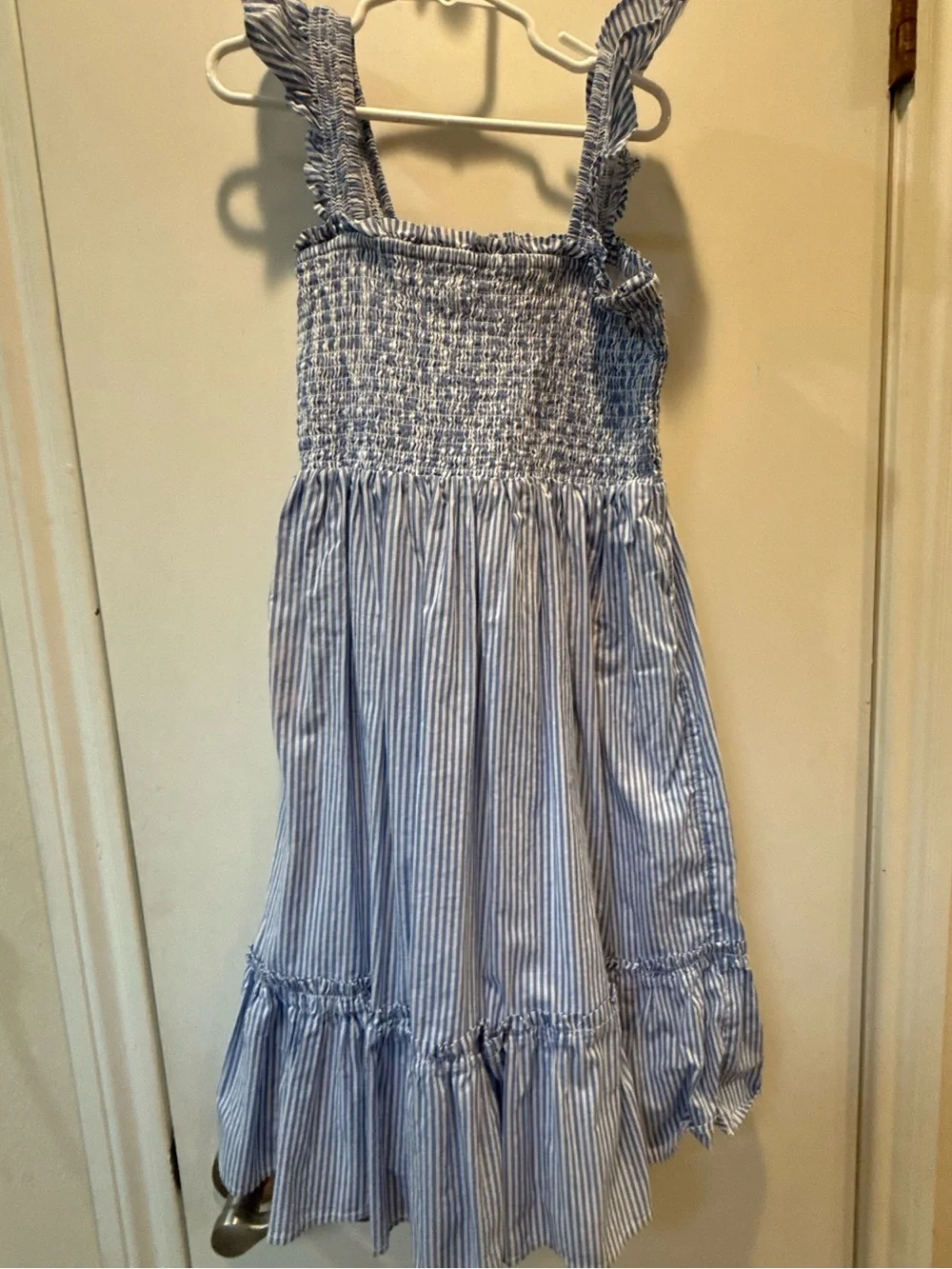 JCrew crew Cuts Girls' striped ruffle-sleeve tiered dress Blue and white sz8